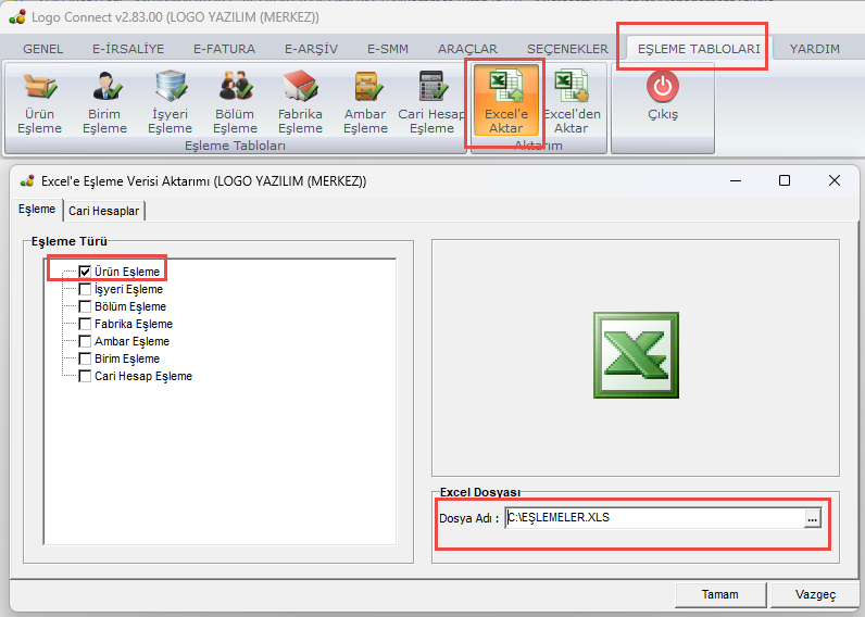 Logo Connect Eşleme Tabloları sekmesi — Excel'e Eşleme Verisi Aktarımı ekranı