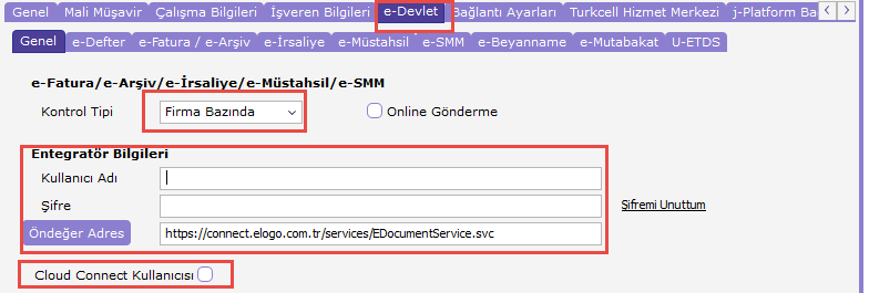 Firma kartı e-Devlet > Genel sekmesi — Kontrol Tipi, Entegratör Bilgileri ve Cloud Connect Kullanıcısı kutucuğu