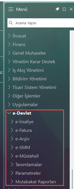 Ticari sistem menü ağacı — e-Devlet menüsü ve alt başlıkları